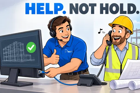 Technician in blue shirt gives thumbs up while connecting cable, construction worker in yellow helmet talks on phone holding blueprints.