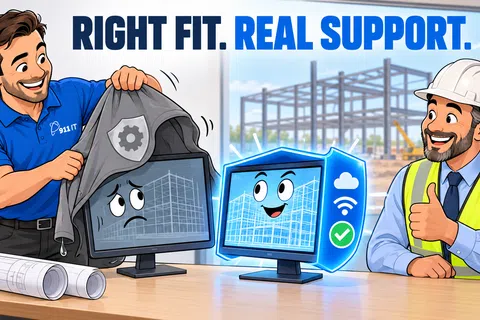 Two illustrated men with computer screens showing construction plans and a protective shield, emphasizing right fit and real support.