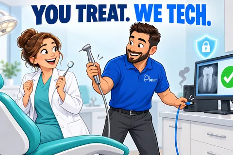 Dental professional and IT technician collaborate, showing safe technology integration in a bright dental clinic setting.