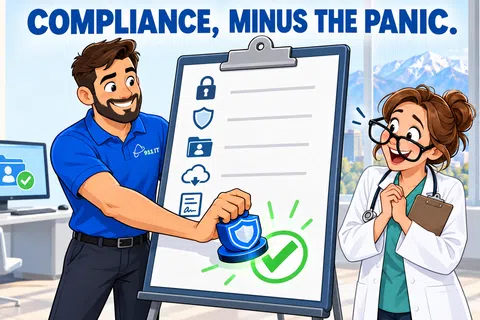 Man stamping compliance checklist with shield icon as woman in lab coat watches excitedly in office setting.