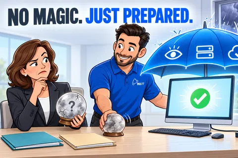 Man using a glowing umbrella to shield computer from storm, woman holding a cracked crystal ball with a question mark.