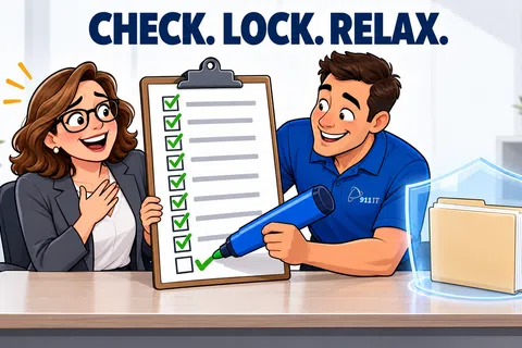 Man marks completed checklist for woman in office with shielded file folder, promoting security and peace of mind.