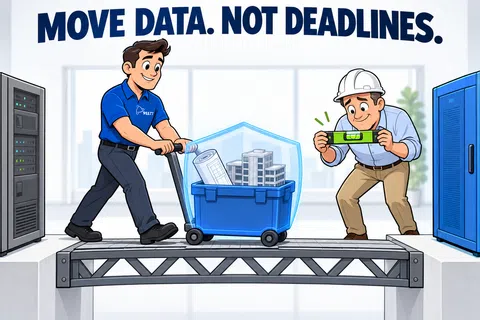 Cartoon men moving a container with building plans across a bridge between servers, representing data transfer efficiency.