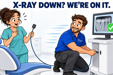 Technician fixing dental x-ray machine as dental assistant watches relieved with a corrected x-ray on screen.