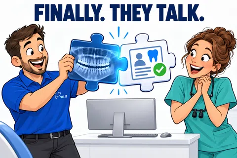 Man and female dentist happily connecting puzzle pieces of dental X-ray and patient profile in clinic