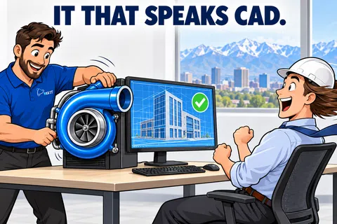 Two engineers use IT equipment that integrates with CAD software displaying a 3D building model with approval.