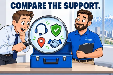 Two men compare business support features including headset, location, handshake, and security shield icons through a magnifying glass.