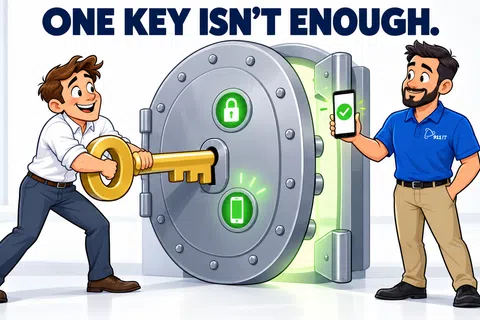 Illustration of two men unlocking a large vault with a key and smartphone under text One Key Isn't Enough