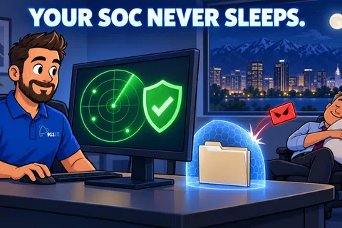IT professional monitors cybersecurity radar and protects digital files while colleague sleeps under city night sky.