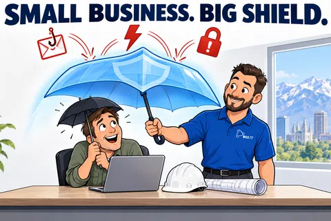 IT professional protects small business owner with a large shield umbrella from cyber threats like phishing and malware indoors.
