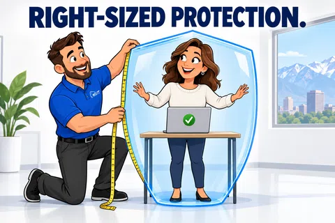 Man measures woman with tape inside a transparent shield symbolizing right-sized protection in a modern office.