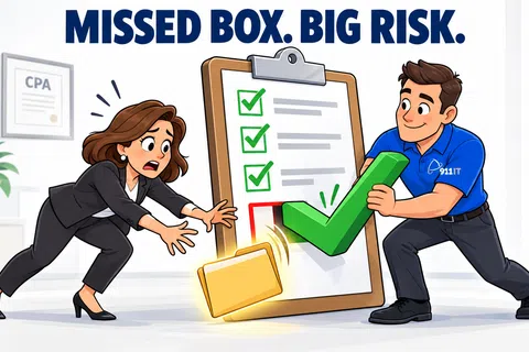 Illustration of a man placing a green checkmark on a clipboard as a woman looks worried beside a missed folder box