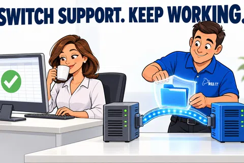 IT support technician transferring data while woman works on computer with successful checkmark on screen