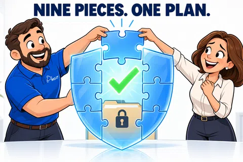 Man and woman complete a nine-piece puzzle forming a shield with a lock and checkmark symbolizing security plan.