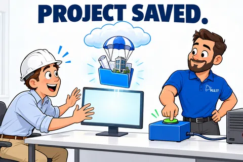 Two men saving a project file to the cloud on a computer, showing digital file transfer and teamwork in the office.
