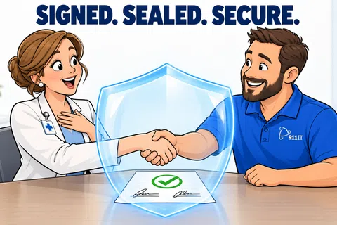 Two professionals shaking hands over a signed document protected by a digital security shield with signed sealed secure text.