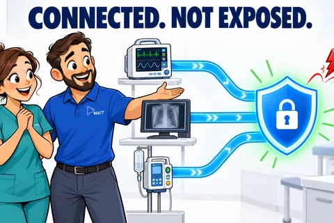 Medical professionals view secure data connections protecting patient monitors from cyber threats in a hospital room.