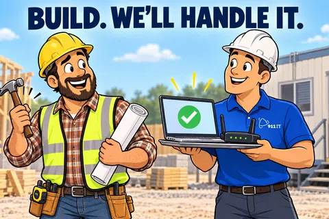 Two construction workers smiling on site, one with a hammer and plans, the other holding a laptop with a green check mark.