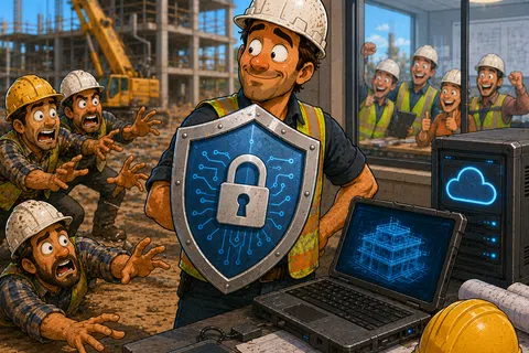 Construction worker holding a digital shield with a lock, protecting digital plans while coworkers reach out desperately behind him.