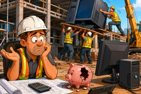 Construction worker worried over broken piggy bank and computer at building site amidst machinery and workers.