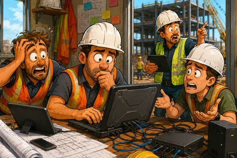 Construction workers in hard hats and vests look stressed while reviewing blueprints and data on laptops in a site office.