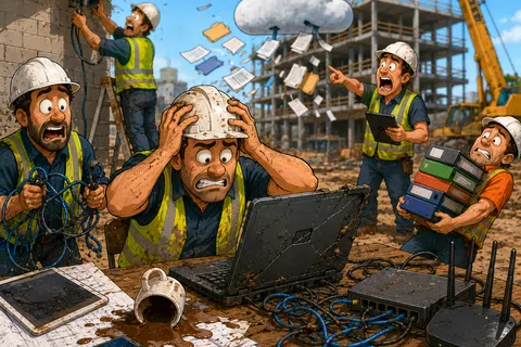 Frustrated construction workers struggle with broken tech devices and cloud data loss on a muddy chaotic worksite.