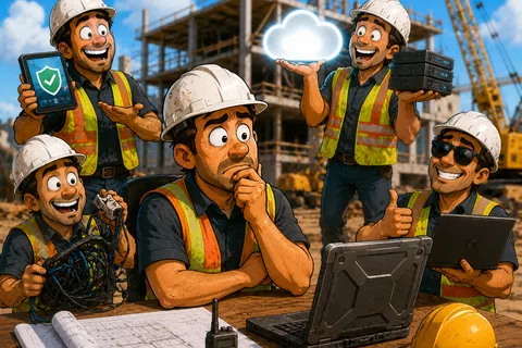 Construction worker using technology and cloud computing tools on site with building framework in the background.