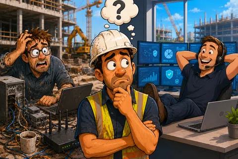 Confused construction worker between stressed technician fixing cables and relaxed analyst at multiple monitors in office.