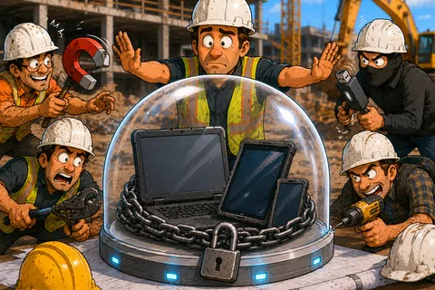 Construction workers trying to breach secure digital devices protected by a locked dome at a building site.