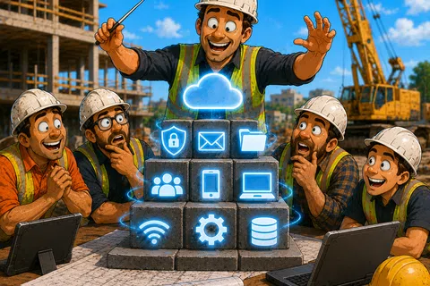 Happy construction workers in helmets building blocks with glowing cloud and technology icons at site.