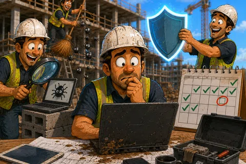 Construction worker detects computer virus while others protect cybersecurity and clean malware at site.