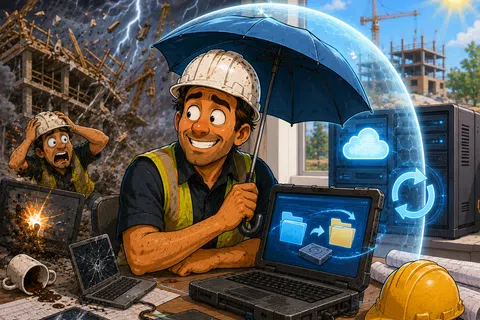 Construction worker safely backing up data on rugged laptop under umbrella protection during stormy weather.