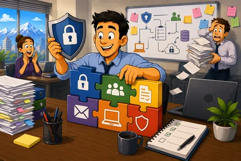 Man assembling colorful security and communication puzzle pieces in busy office with colleagues and data flow diagram.