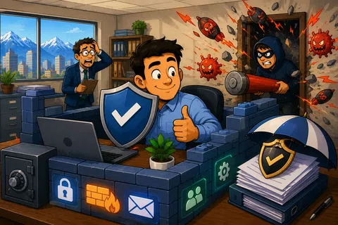 Man protecting data with digital security shield against cyber threats in office setting with worried colleague.