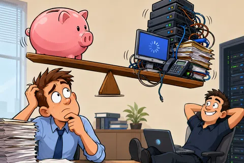 Illustration of two workers balancing a piggy bank against servers and documents on a seesaw, showing cost vs tech.