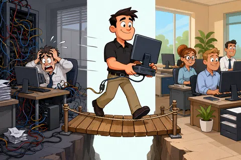 Man carrying computer walking confidently over a wooden bridge from messy tangled wires to a neat organized office space.