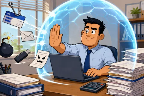 Man in office uses a glowing shield to block phishing, malware, and cyber threats while working on a laptop.