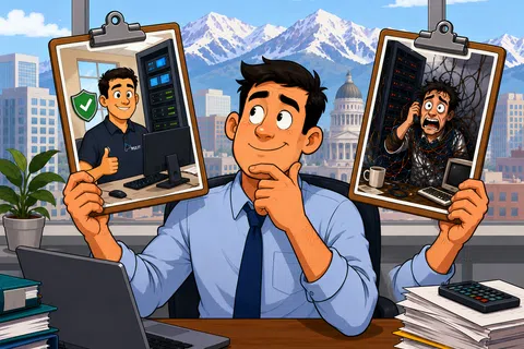 Man at office desk choosing between calm IT professional and stressed IT worker tangled in cables behind him.