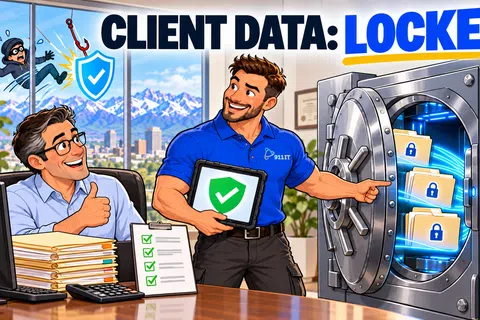 IT professional securing client data with a digital shield and locked vault protecting files in a modern office with city view.