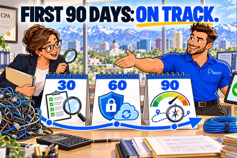 Tech professionals tracking progress over 90 days with visuals of organization, security, and success on a cityscape background.