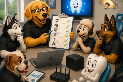 Anthropomorphic dogs and a tooth character in a meeting room reviewing a checklist with tech and dental visuals.
