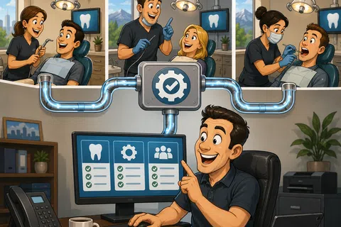 Smiling dentist managing patient care and treatment plans on computer with dental-themed icons and happy patients.