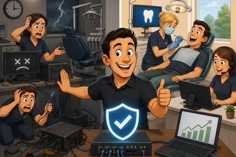 Technician restores internet to dental office, showing happy patients and stable connection with secure router shield icon