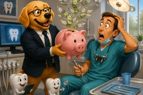 Dog in suit holding piggy bank with flying money surprises shocked dentist in dental office with happy cartoon teeth.