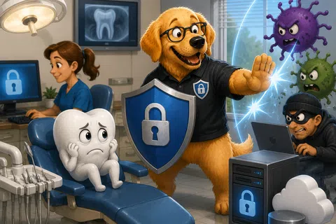 Illustration of a protective dog shielding a scared tooth from viruses and hackers in a dental office setting.