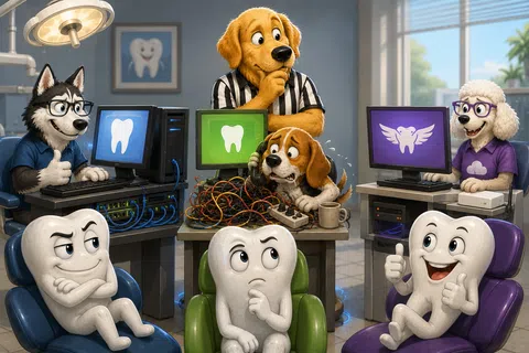 Cartoon dogs working on computer dental tech with animated teeth characters showing varied expressions in an office.