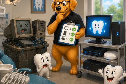 Dog technician compares old broken computer with new tech in dental office as animated teeth watch anxiously and happily.
