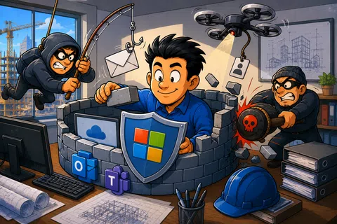 Person builds a digital security wall with Microsoft shield protecting against hackers and malware in an office.