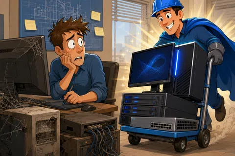 Technician imports modern computer system on cart, replacing old cracked setup in office with surprised worker.