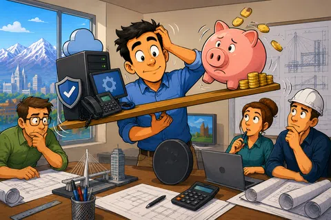 Engineer balances office tech and piggy bank on a scale while colleagues analyze blueprints and financial plans.